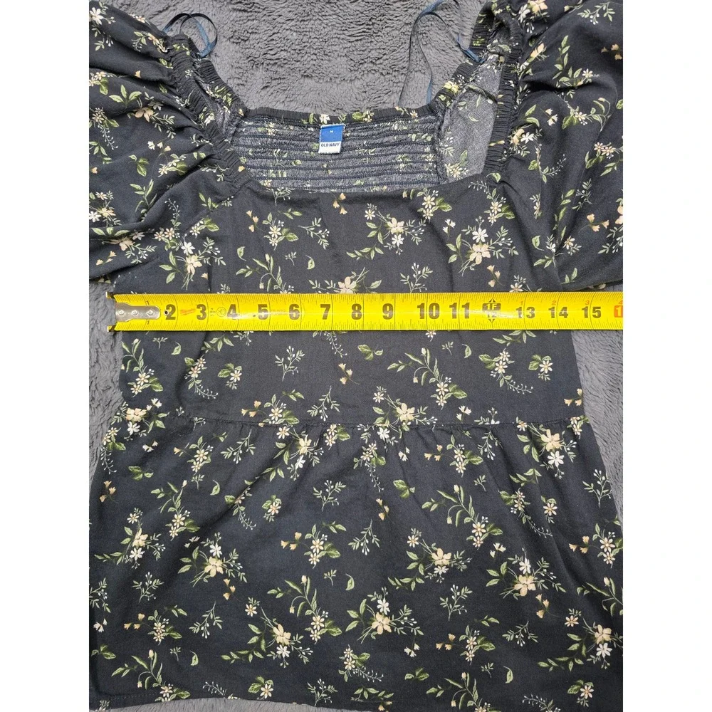 Old Navy Floral Puff Sleeve Smocked Back Peplum Top Navy Blue Medium